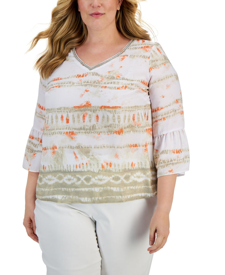 JM Collection Plus Size Printed Bell Sleeve Top