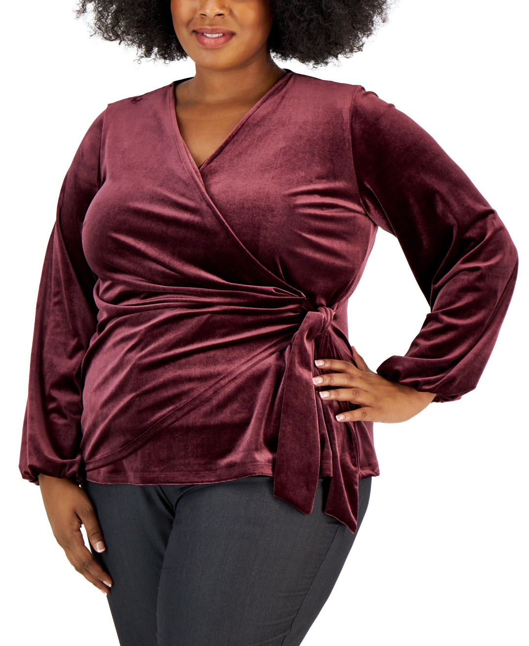 Alfani Plus Size Tie Waist Velvet Long Sleeve Wrap Top