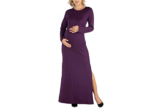 24seven Comfort Apparel Form Fitting Long Sleeve Side Slit Maternity Maxi Dress