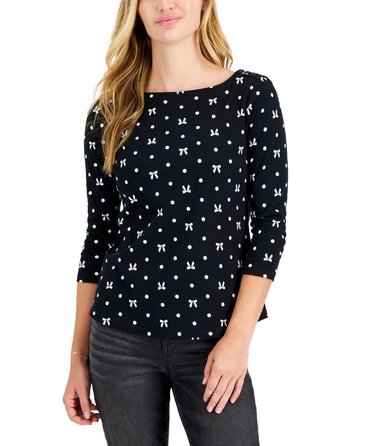 Petite Cotton Printed Boat-Neck Top Deep Black Combo PL