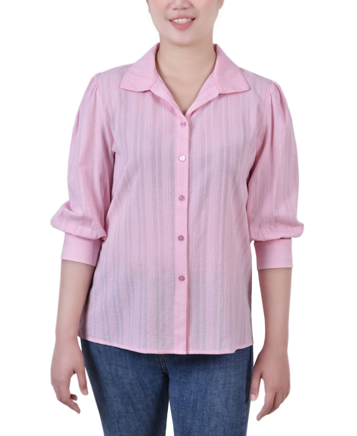 Petite 3/4 Puff Sleeve Cotton Jacquard Blouse