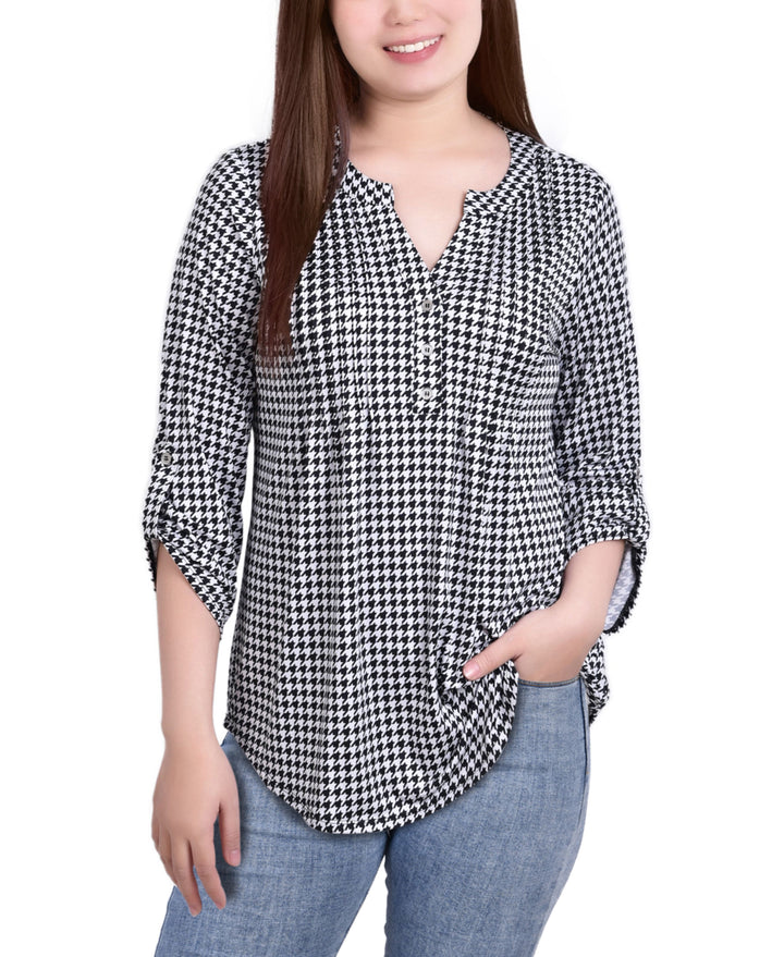 Petite Knit Jacquard 3/4 Sleeve Roll Tab Top
