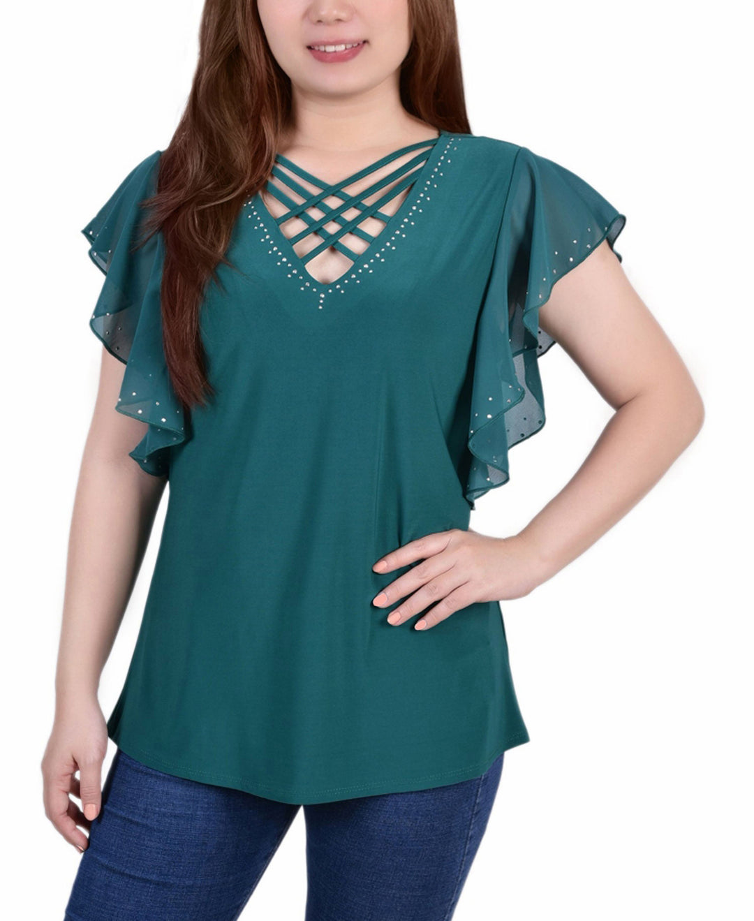 Petite Size Flutter Sleeve Top With Criss Cross Strips