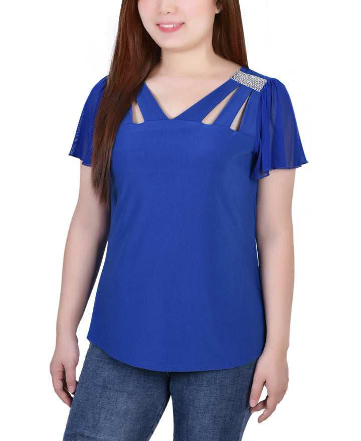 Petite Size Short Flutter Sleeve Top With Cutouts Stones