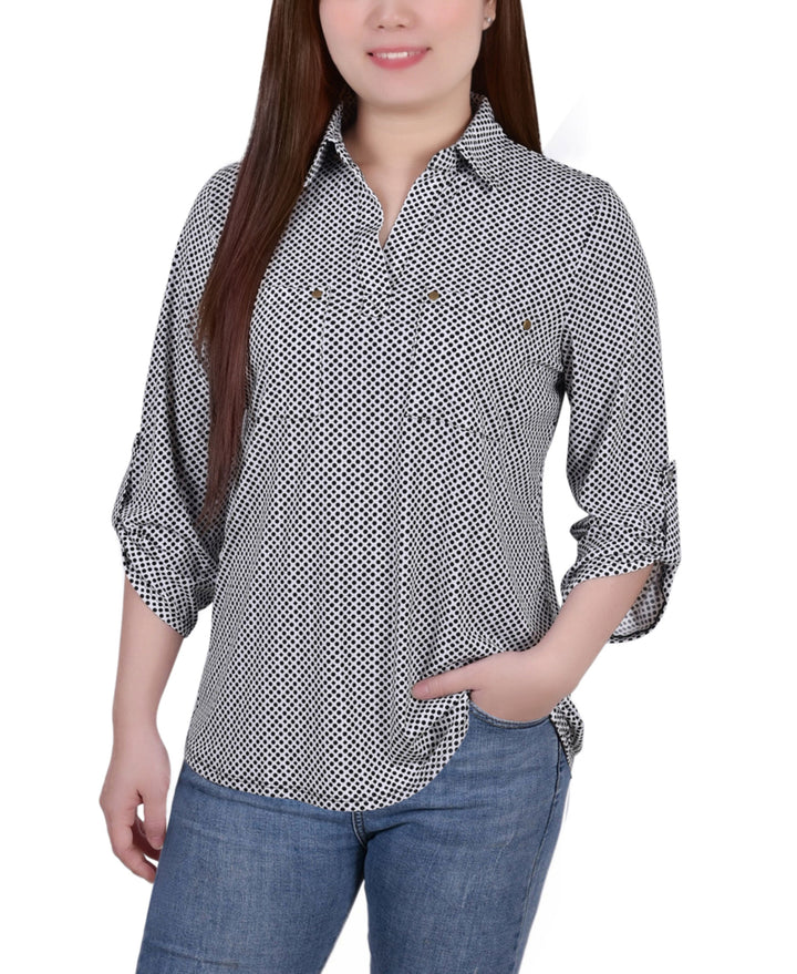 Women's 3/4 Ruched Sleeve Studded Y-neck Top