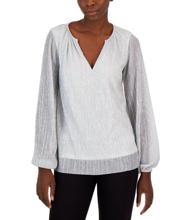 Alfani Womens Pleated Long Sleeve Shimmer Top