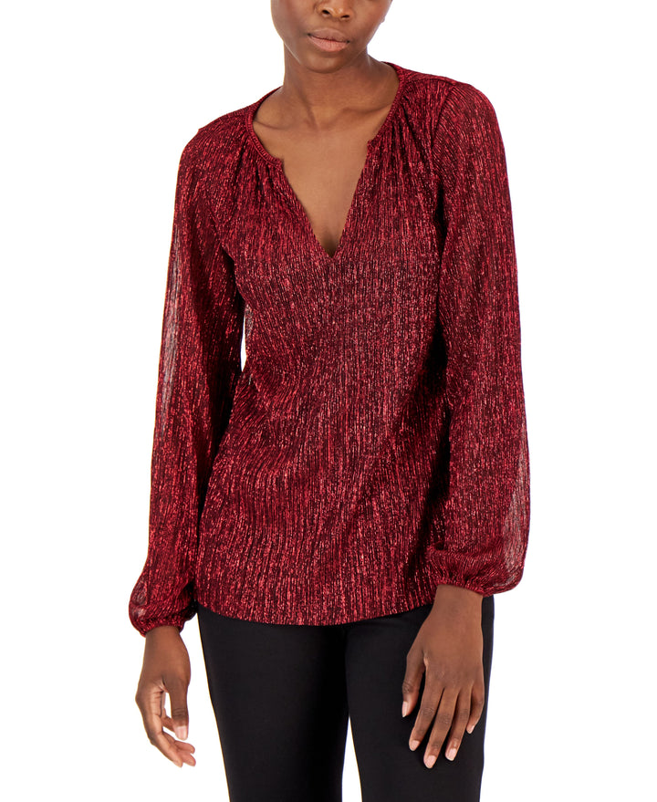 Alfani Womens Pleated Long Sleeve Shimmer Top