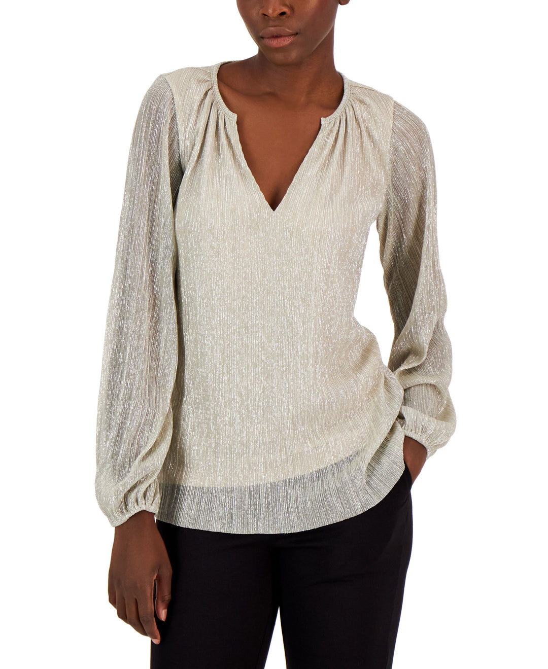 Alfani Womens Pleated Long Sleeve Shimmer Top