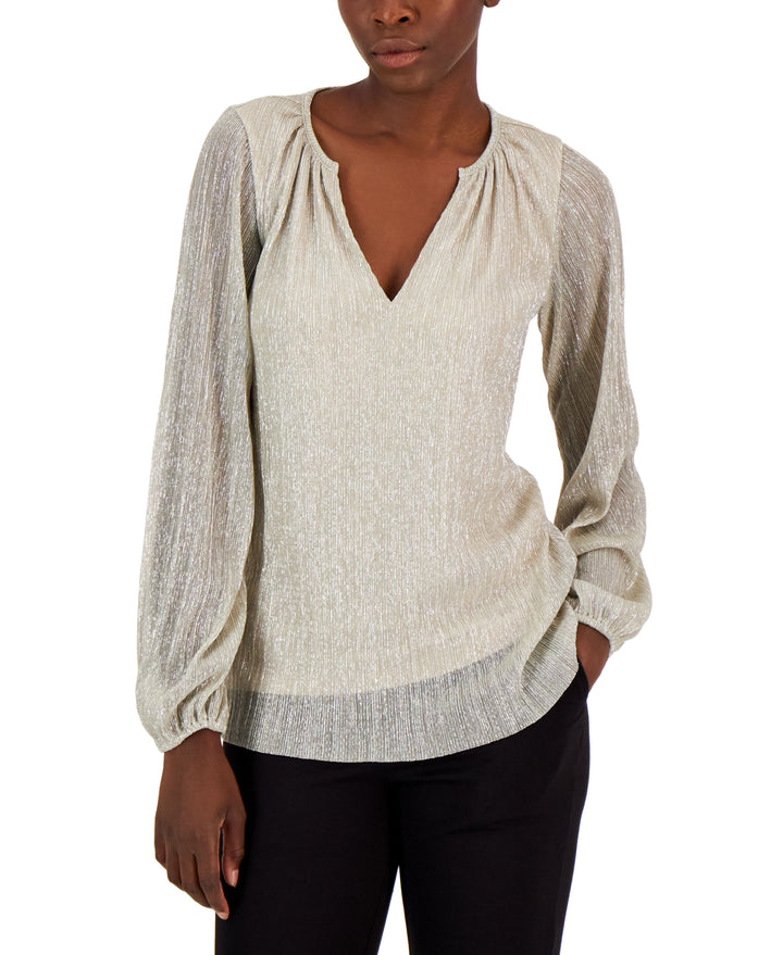 Alfani Womens Pleated Long Sleeve Shimmer Top