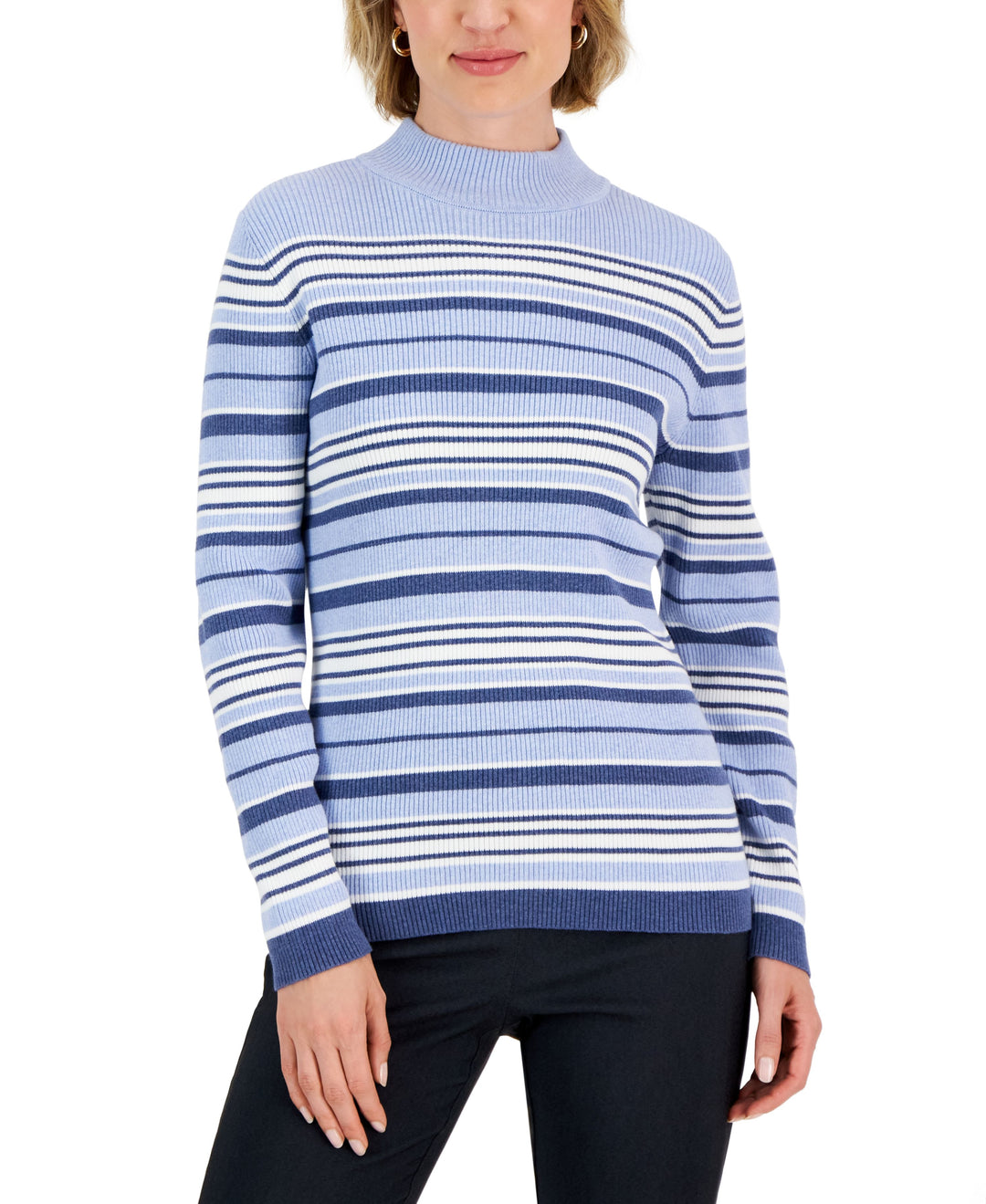 Karen Scott Womens Striped Cotton Mock Neck Sweater