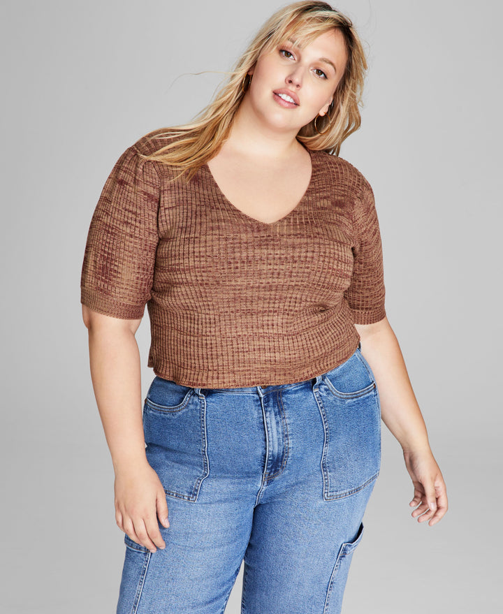 Trendy Plus Size Space-Dyed Puff-Sleeve Top