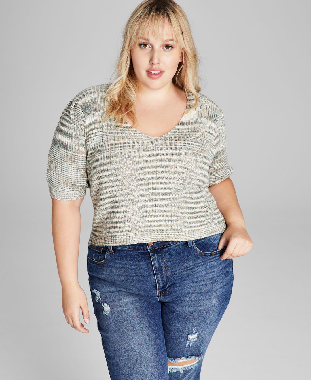 Trendy Plus Size Space-Dyed Puff-Sleeve Top