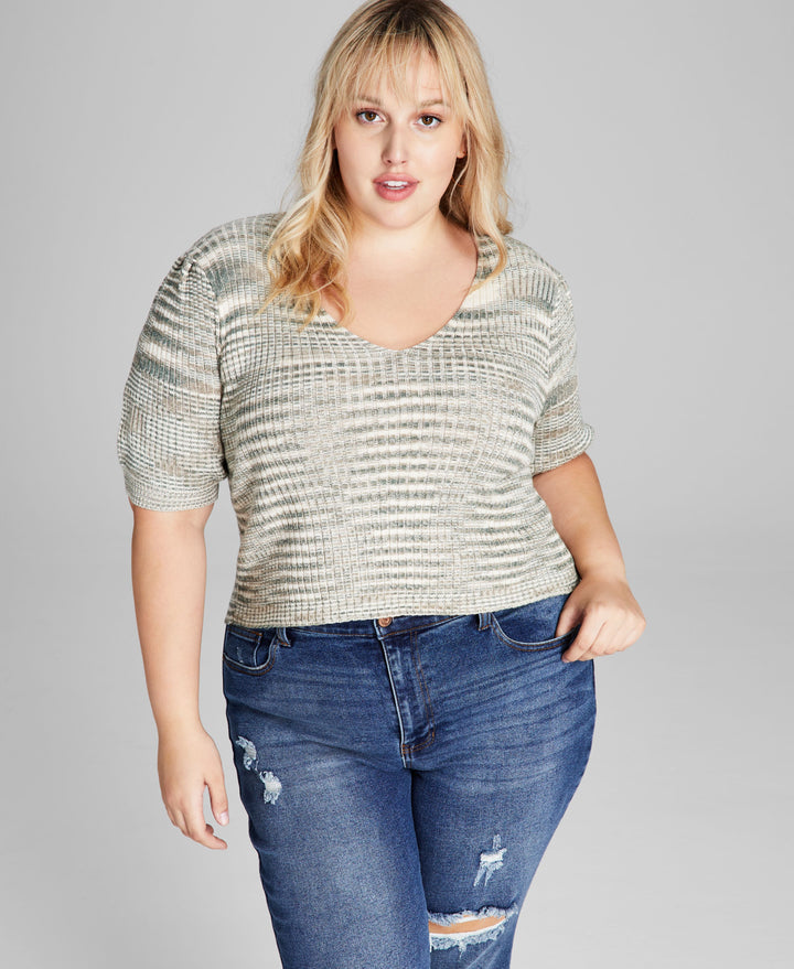 Trendy Plus Size Space-Dyed Puff-Sleeve Top