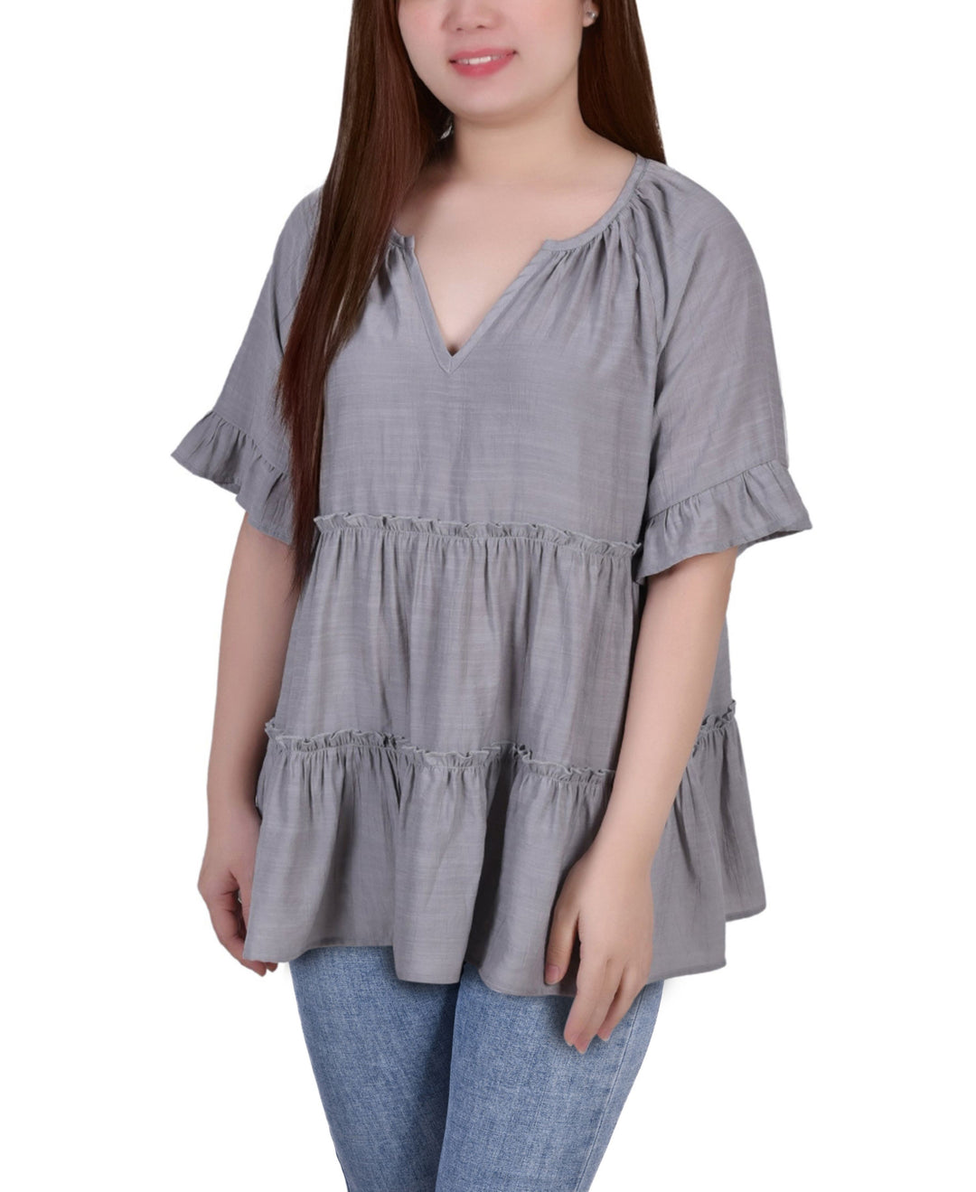 Petite Size Short Sleeve Tiered Blouse