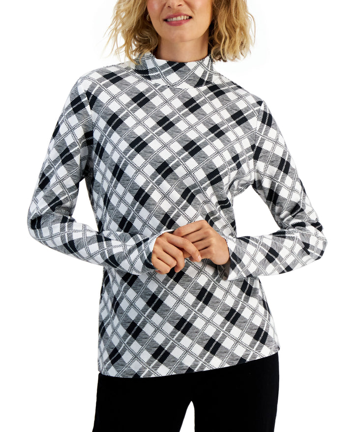 Karen Scott Womens Plaid Mock Neck Top