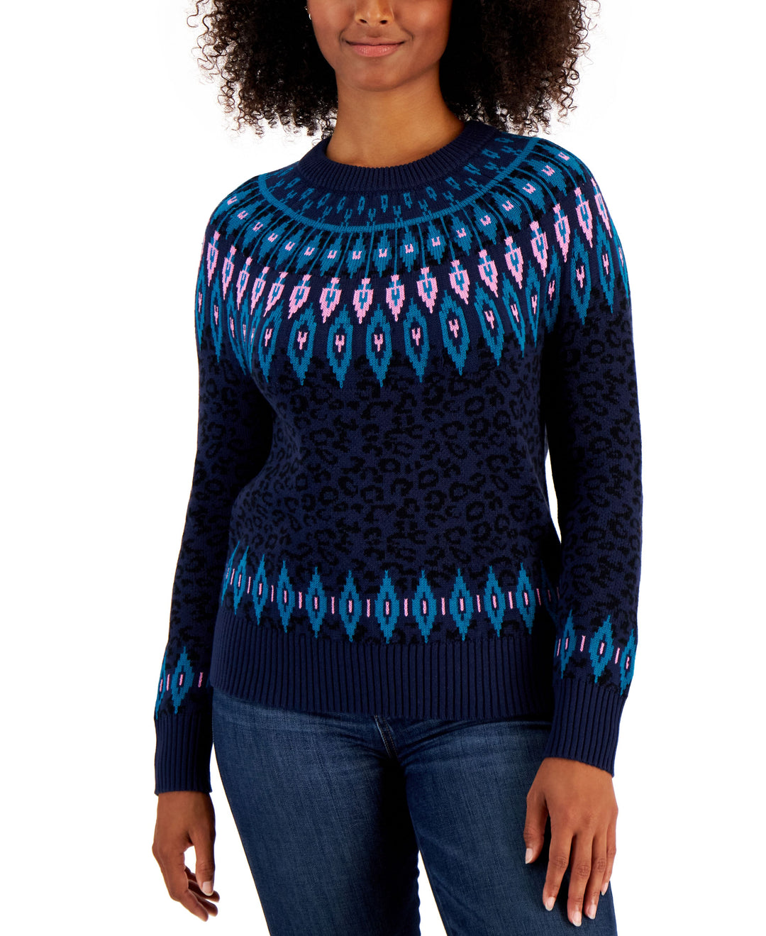 Charter Club Petite Animal Print Fair Isle Sweater