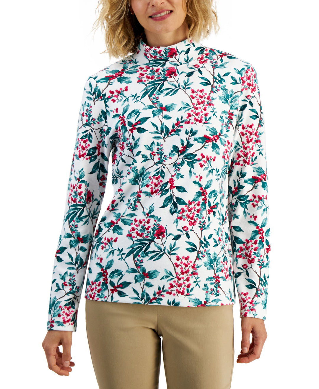 Karen Scott Petite Mock Neck Printed Top