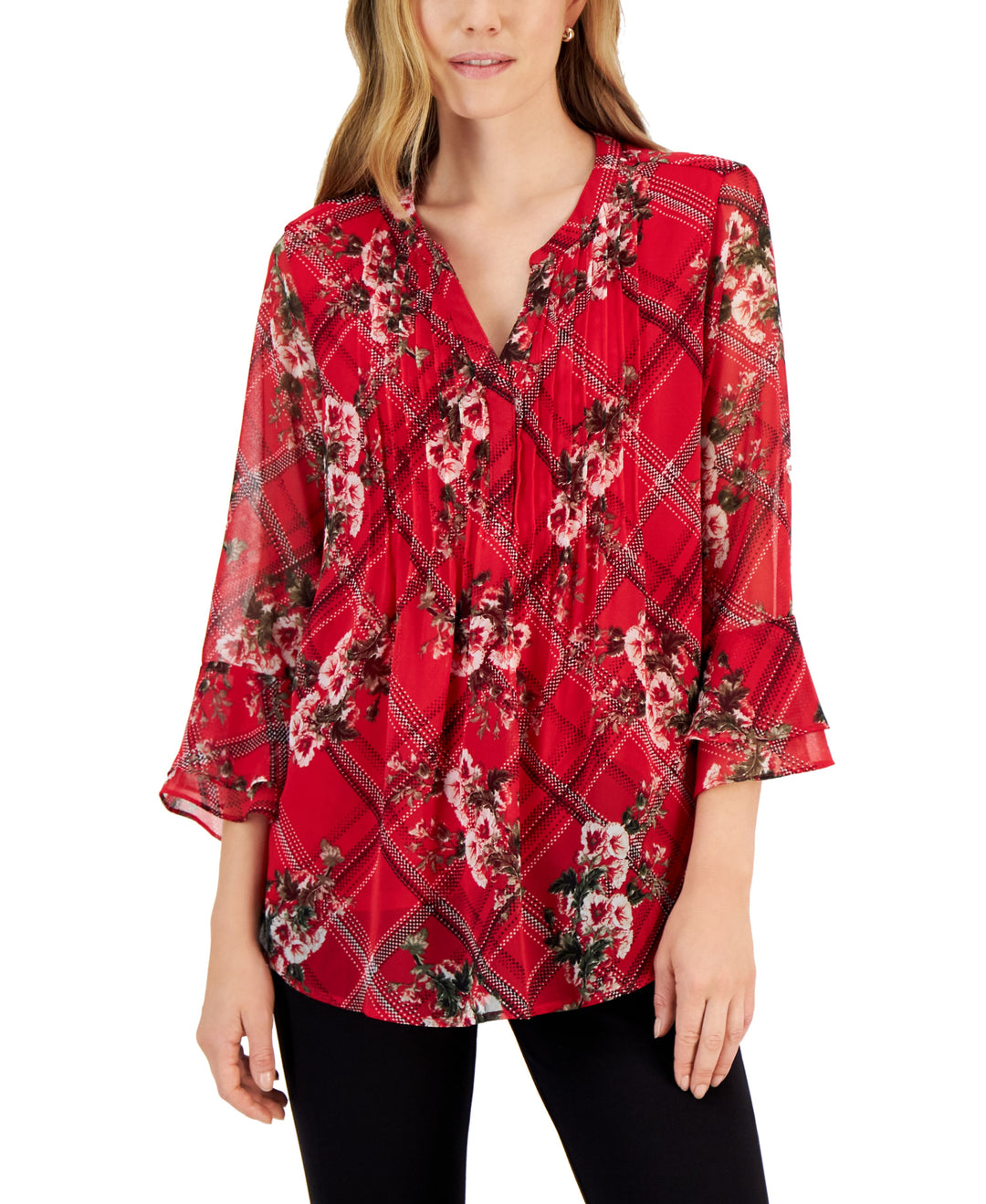 Charter Club Petite Ruffle Sleeve Etching Garden Pintuck Top