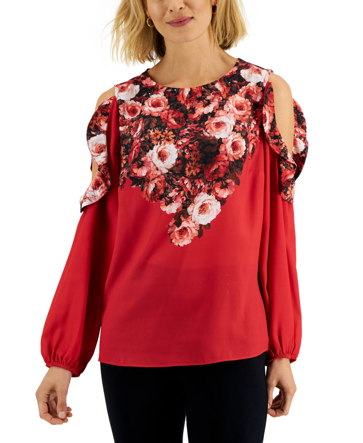 JM Collection Womens Cold Shoulder Mixed Media Floral Top