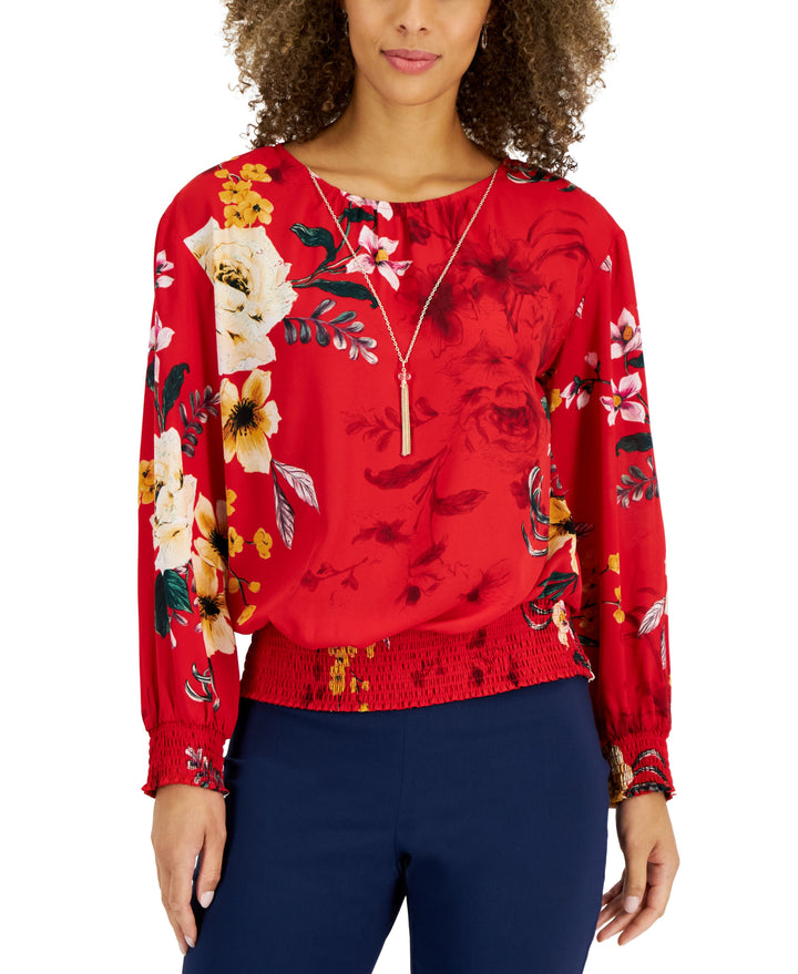 JM Collection Womens Printed Smocked Necklace Top