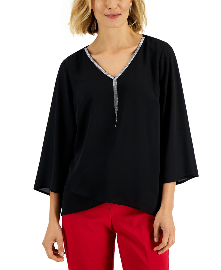 JM Collection Petite Embellished Neck Cross Over Top