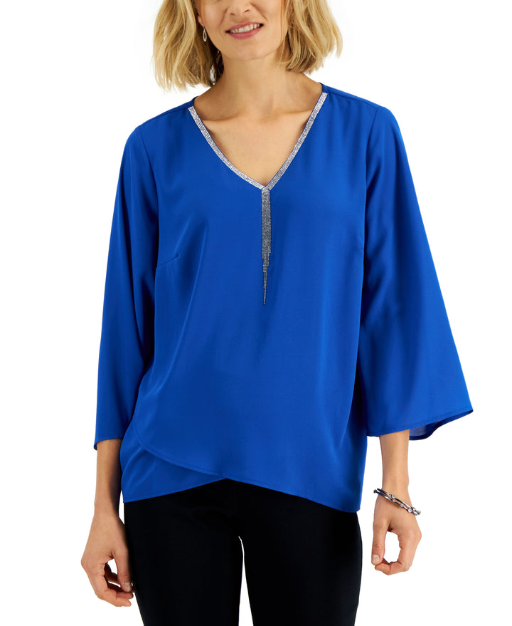 JM Collection Petite Embellished Neck Cross Over Top