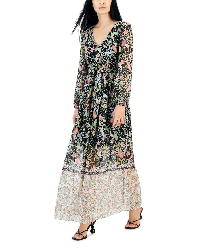 INC International Concepts Floral Print Tie Waist V Neck Maxi Dress