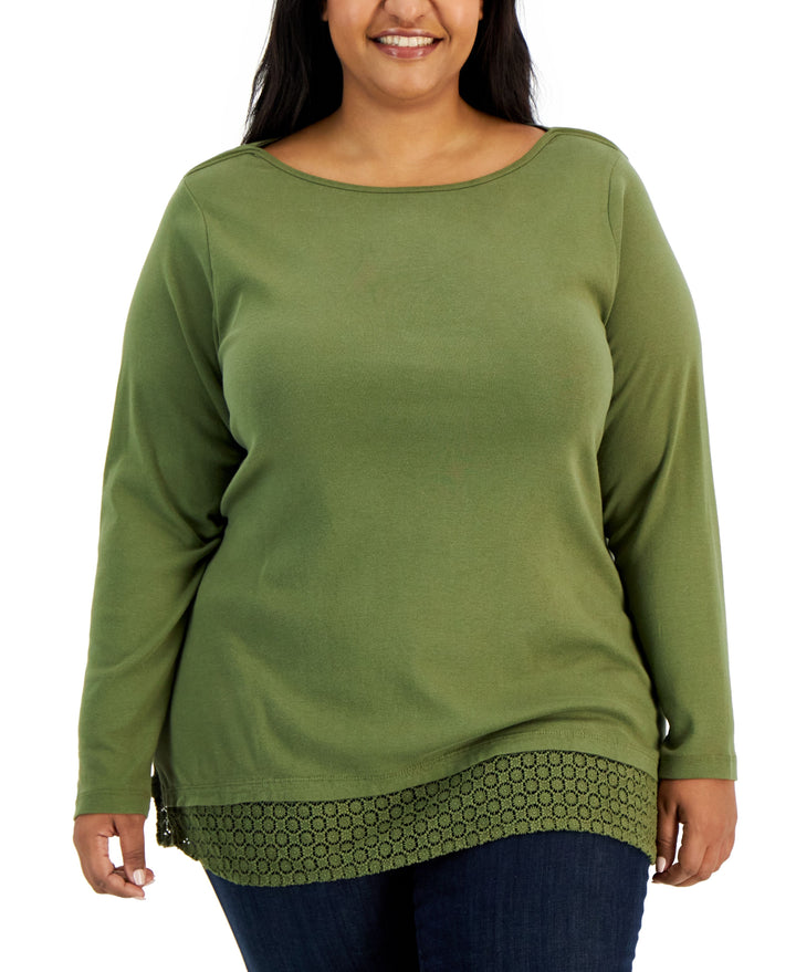 Plus Size Cotton Lace-Hem Top