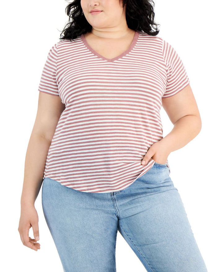 Style & Co Plus Size Classic Striped V Neck T-Shirt