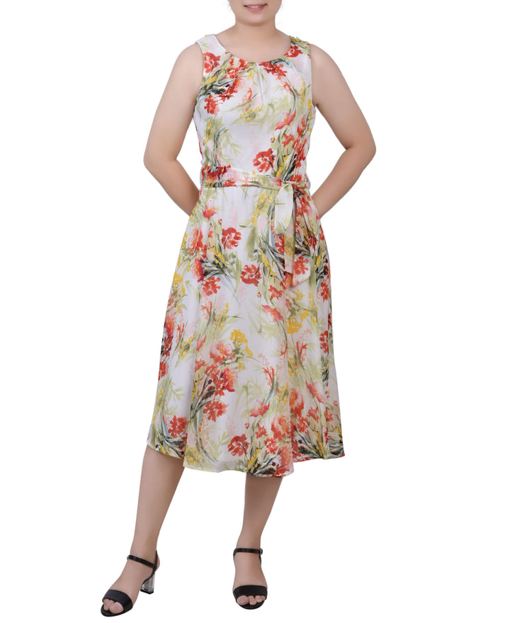 Petite Size Sleeveless Chiffon Belted Dress