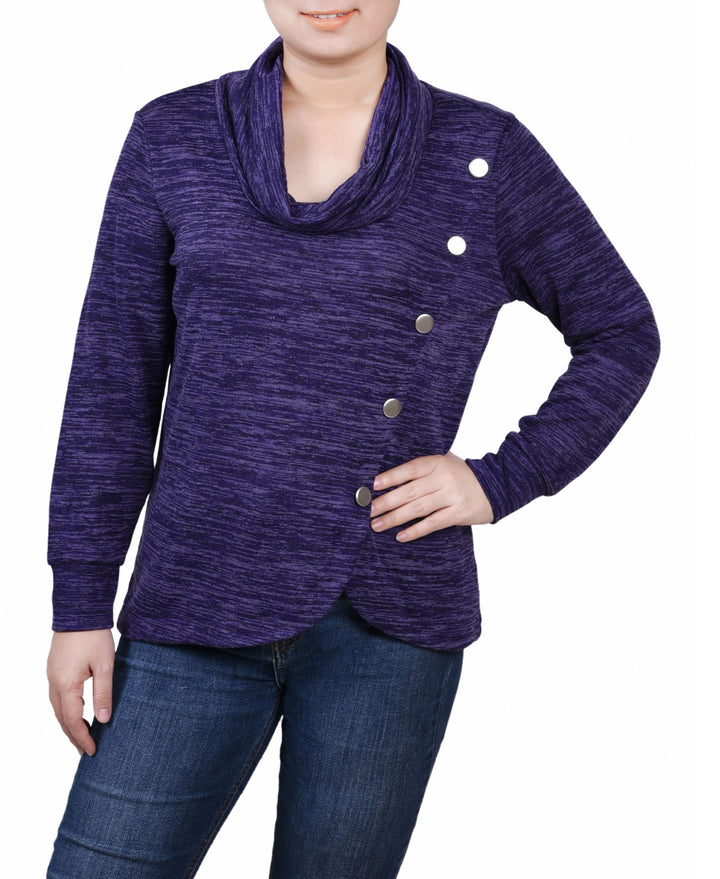 Petite Size Long Sleeve Overlapping Cowl Neck Top