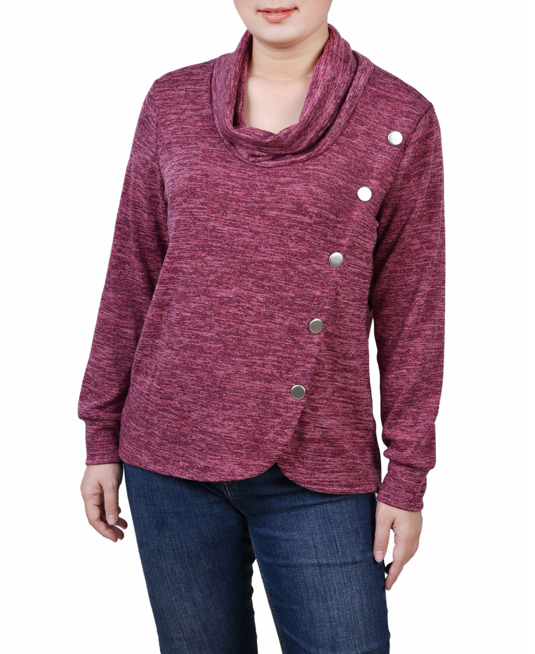 Petite Size Long Sleeve Overlapping Cowl Neck Top