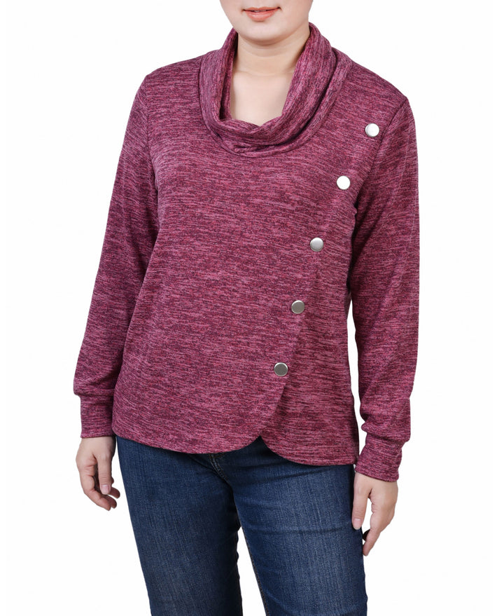 Petite Size Long Sleeve Overlapping Cowl Neck Top