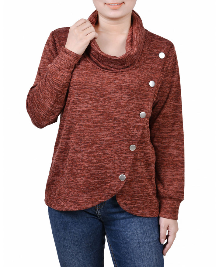 Petite Size Long Sleeve Overlapping Cowl Neck Top