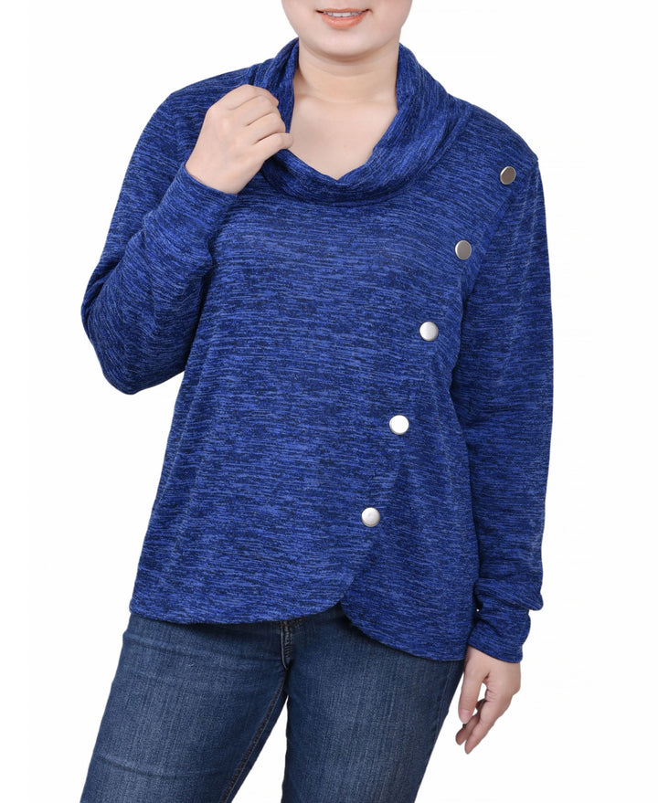 Petite Size Long Sleeve Overlapping Cowl Neck Top