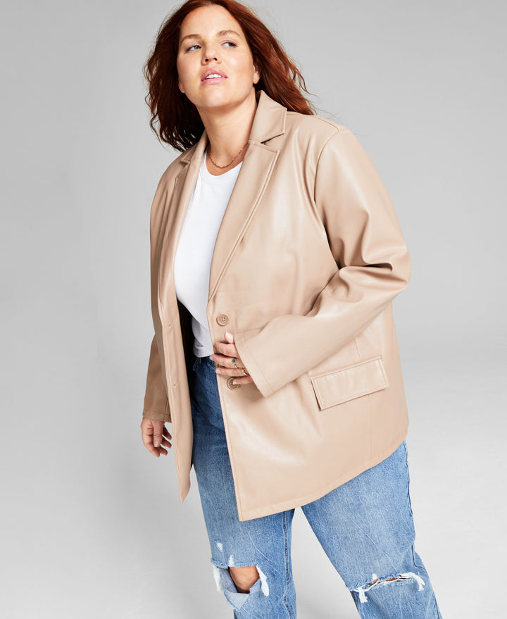 Trendy Plus Size Long Faux-Leather Blazer