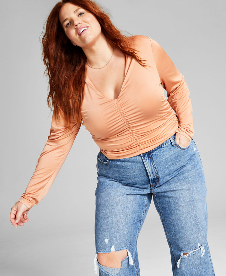 Now This Plus Size Ruched V Neck Top