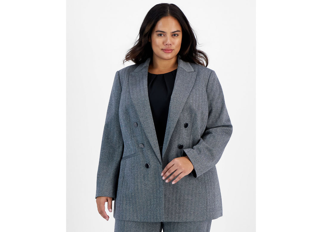 Plus Size Shimmer Herringbone Long-Sleeve Blazer