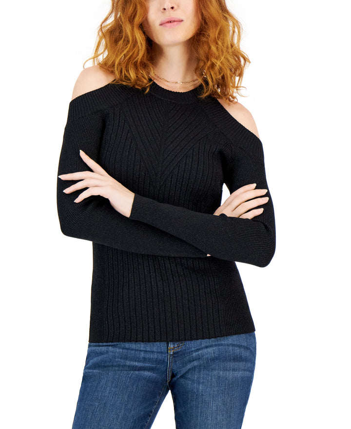 International Concepts Womens Cold Shoulder Ribbed Knit Metallic Sweater