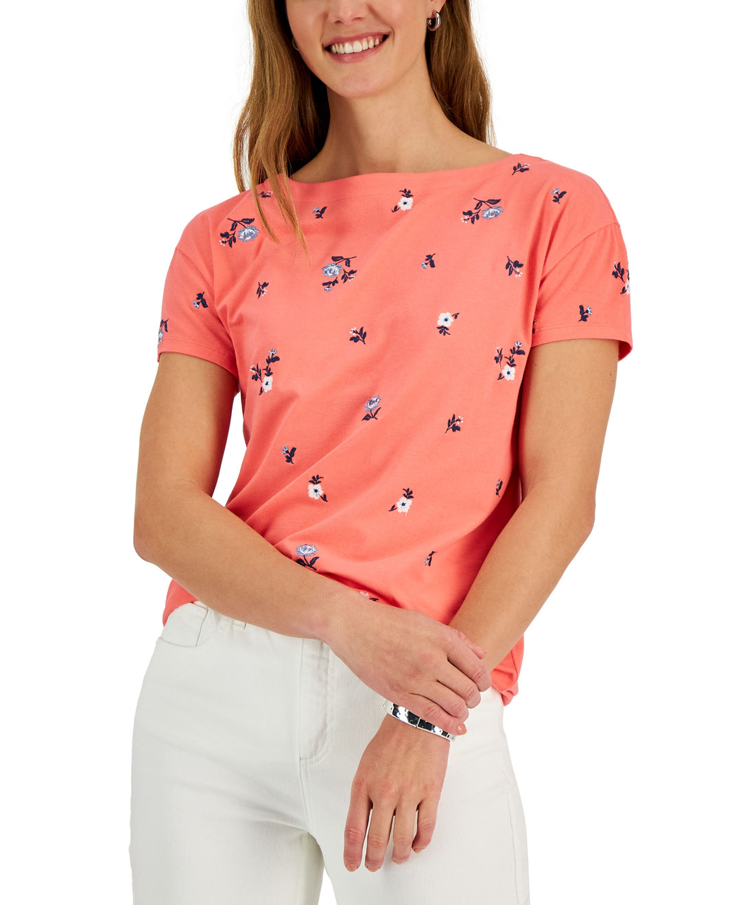 Charter Club Womens Floral Drop-Shoulder Top
