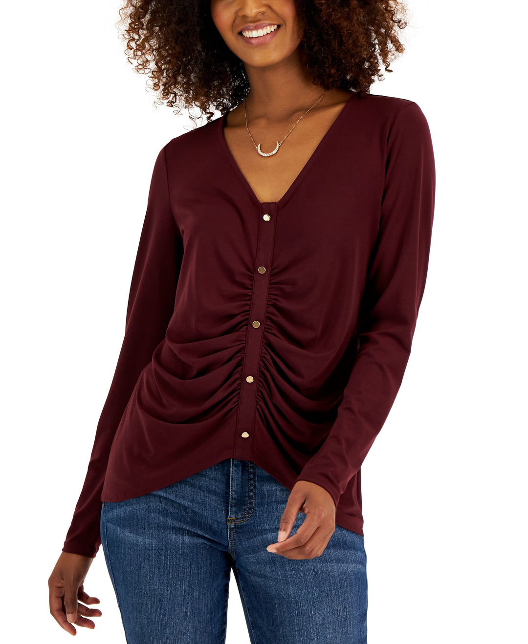 INC International Concepts Womens Ruched Button Detail Long Sleeve Top
