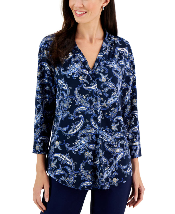 Charter Club Petite Ruched Paisley Print 3/4 Sleeve Top