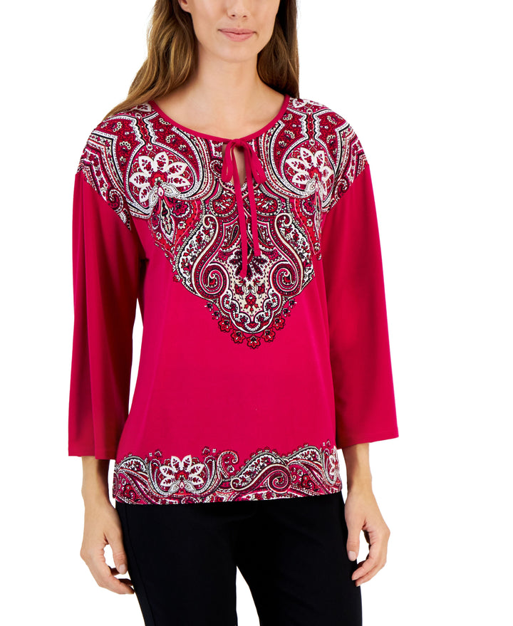 JM Collection Womens Printed Tie Neck Top
