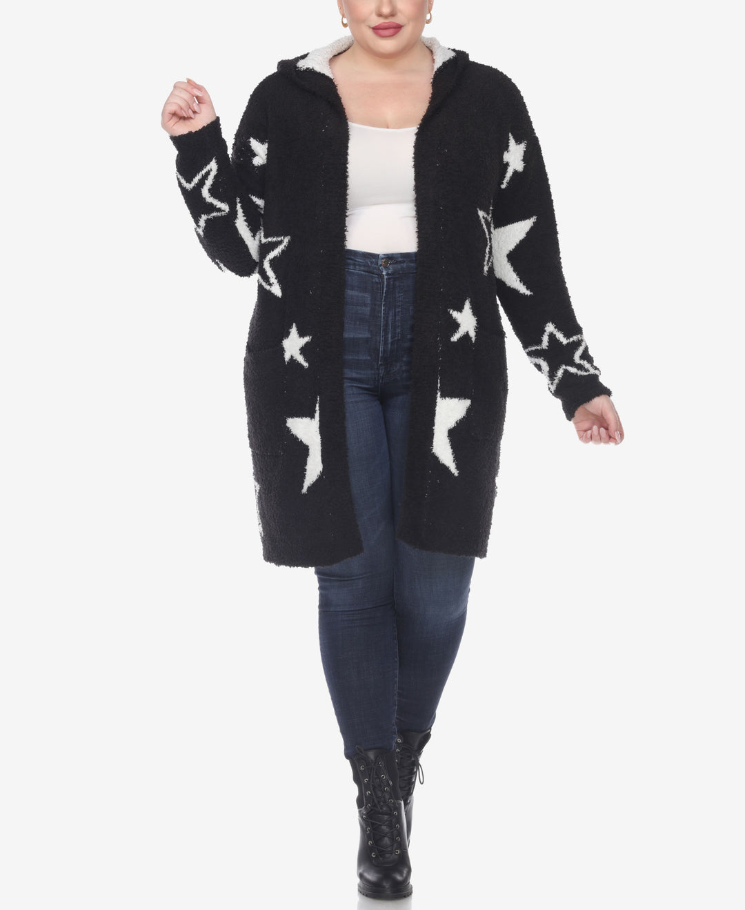 Plus Size Hooded Open Front Sherpa Sweater