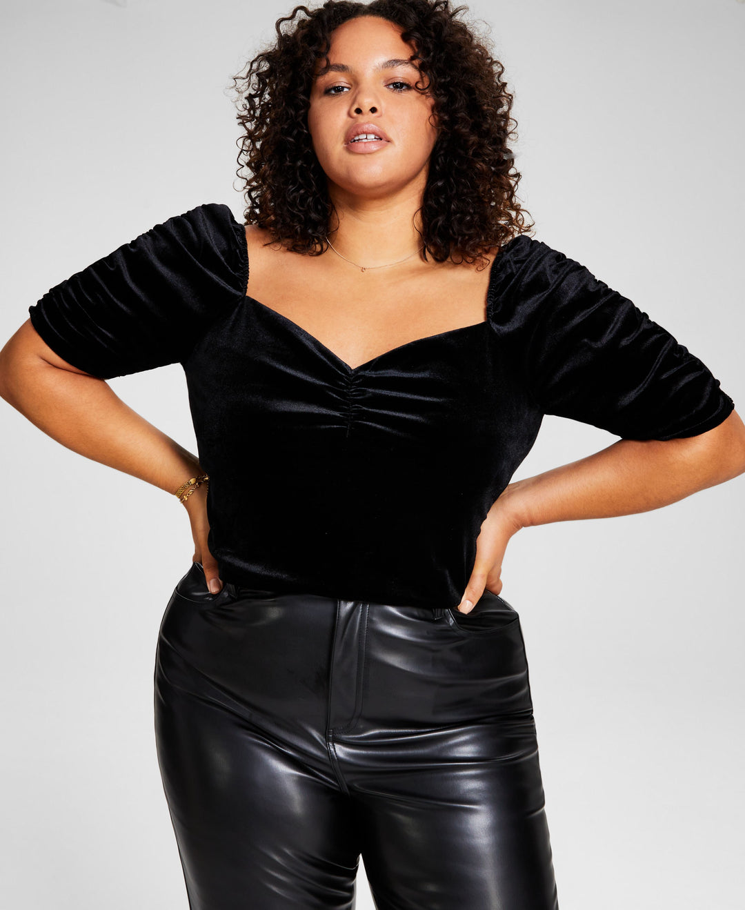 Now This Trendy Plus Size Puff Sleeve Velvet Top