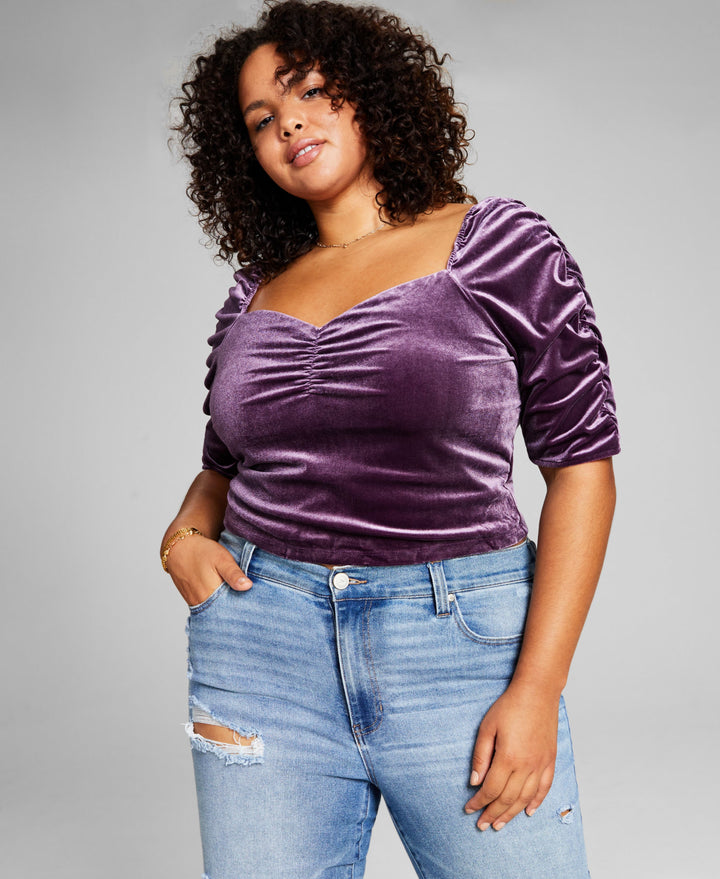 Now This Trendy Plus Size Puff Sleeve Velvet Top
