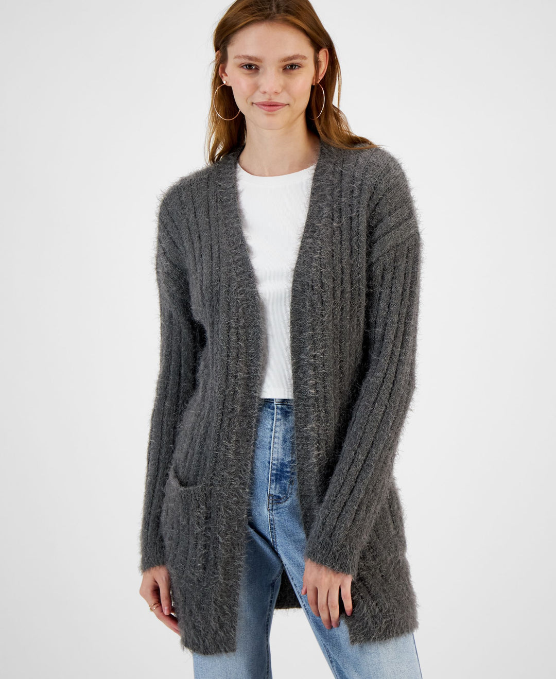 Juniors' Eyelash-Texture Open-Front Cardigan