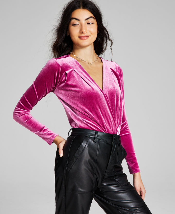 Women's Velvet Long-Sleeve Surplice Bodysuit