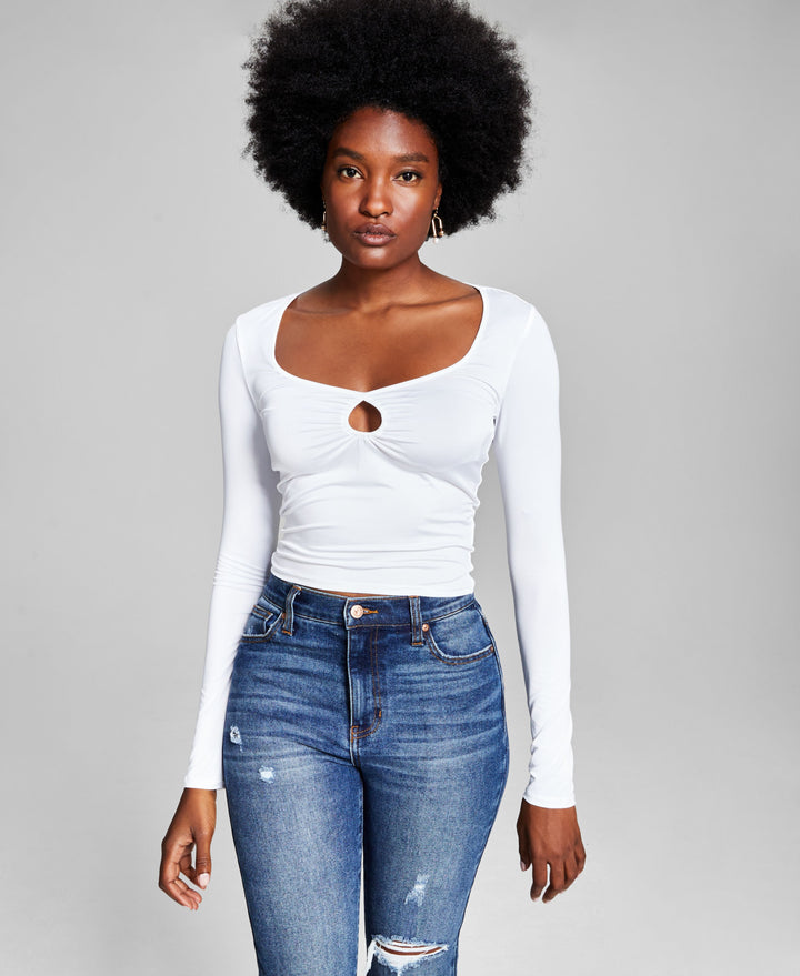 Women's Square-Neck Long-Sleeve Keyhole Top