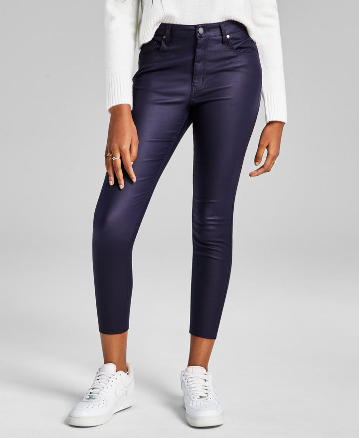 Woman's Coated Frayed Hem Skinny Denim Jeans